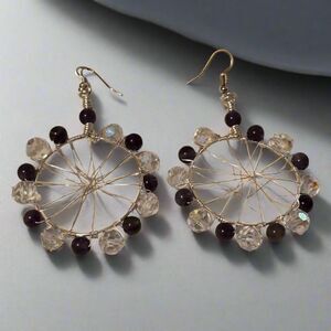 Handmade Silver Tone Hoop Earrings with Amethyst Beads Boho Wire Wrapped Jewelry